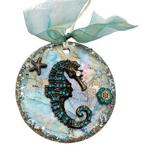 Handcrafted Ornament OOAK Collage Seahorse Gold & Turquoise Accents 3" Ribbon